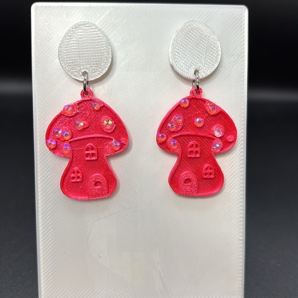 Pink Neon Mushroom  Cottage Earrings - Picture 3 of 5